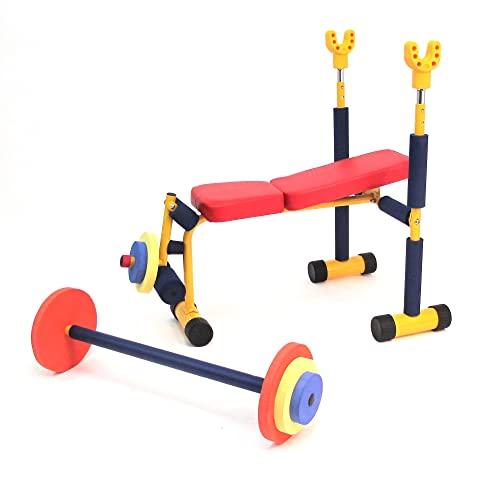 Redmon Fun & Fitness for Kids Adjustable Weight Bench Press Set w/ Barbell & Foam Weights | Barbell & Foam Weights