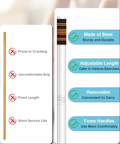 Queension 5ft Adjustable Yoga Stick Made of Sturdy Alloy Steel, Stretching & Mobility Stick with Non-Slip Foam-Sleeveds, Exercise Fitness Pole for Balance & Pilates - color: White