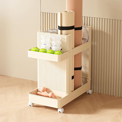 Small Yoga Mat Storage Rack on Wheels,Home Workout Storage Rack,Workout Storage for Yoga Mat,Workout Equipment Storage Cart for Home,Creamy Yellow