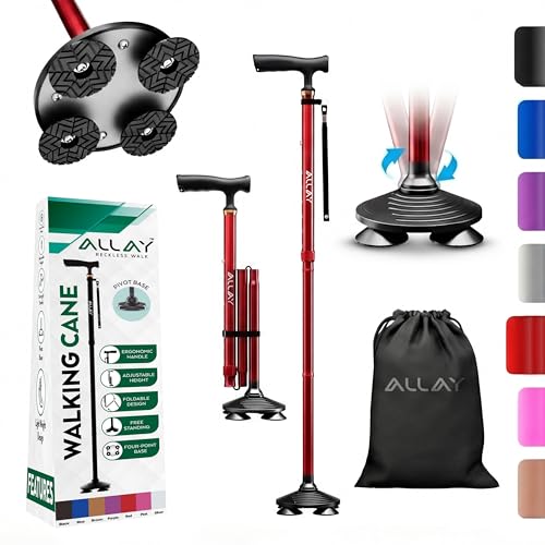 Allay Walking Canes for Men & Women - Adjustable Canes for Women for Stability, Self Standing Wide Quad Pivot Base, Light Weight, Soft Handle Grip and Travel Bag, Walking Sticks for Seniors - color: Red