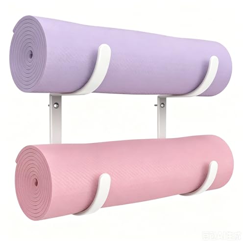 Wall Mount Yoga Mat Holder, Rubber Coated Yoga Mat Storage Rack for Yoga Mats, Foam Rollers, Exercise Mats, Pilates Mats and Hanging Home Fitness Equipment