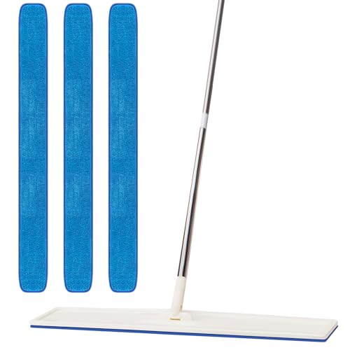 3 Pcs Large 48 Inch Commercial Replacement Microfiber Pads Reusable Wrestling Wet Mop Refill Pads for Flat Mop Frames Wet and Dry Use (Blue)