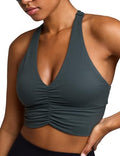 Women's Serene Scrunch Longline Sports Bra V Neck Padded Yoga Tank Wide Straps Cross Back Crop Tops - color: Charcoal Green, size: Medium
