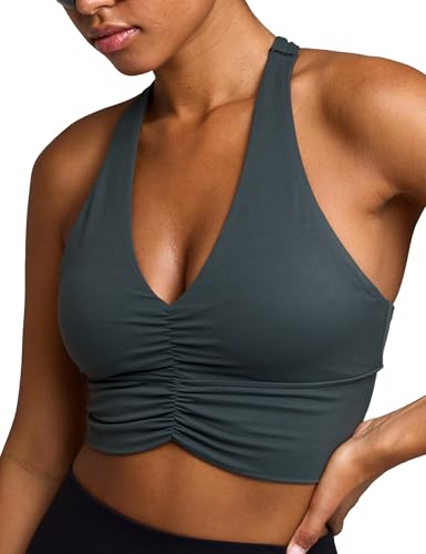 Women's Serene Scrunch Longline Sports Bra V Neck Padded Yoga Tank Wide Straps Cross Back Crop Tops - color: Charcoal Green, size: Medium