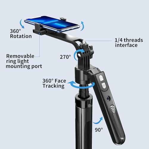 yAyusi 70.9" Auto Face Tracking Selfie Stick Tripod for iPhone with Light, No App, 360° Rotation Tripod that Follows Your Movement with Remote Control for Vlog/Live Stream/Video Recording