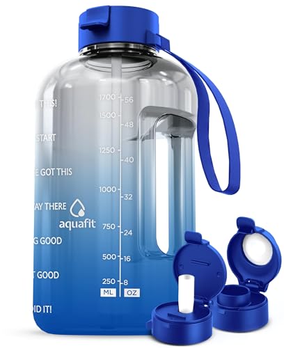 AQUAFIT Half Gallon Water Bottle with Motivational Quotes | BPA Free 64 oz Water Bottle with Straw and Chug Lids - Leakproof Gym Water Bottle with Carry Handle (Blue Skies) - color: Blue Skies, style: 64 oz - 2 Lids