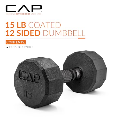 CAP Rubber Coated Dumbbell Weights, Free Weights for Home Gym Strength Training, Anti-Roll Hex Dumbbells with Black, Chrome & Comfort Grip Handles, Singles - size: 15 lb, style: 12-Sided - Black Handle