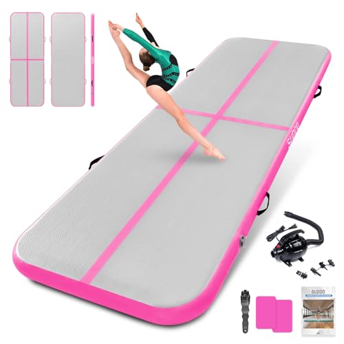 SUDOO Gymnastics Air Mat 10ft/13ft/16ft Inflatable Air Tumble Track Mat 4" Thick Tumbling Mat With Pump or No Pump for Training Tumble Yoga Cheerleading Parkour Beach Water Activities Home Use - color: Pink, size: 16ft*3.3ft*4in (5*1*0.1m)