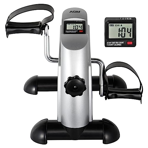 Mini Exercise Bike, AGM Under Desk Bike Pedal Exerciser Foot Cycle Arm & Leg Pedal Exerciser with LCD Screen Displays - color: Silver