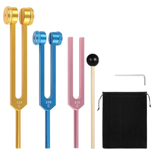 Tuning Fork Set (128Hz, 256Hz, 512Hz) of 3, Weighted & Unweighted Aluminum Forks with Reflex Hammer and Storage Bag for Chakra/Healing/Sound Therapy Instruments/Yoga/Meditation Accessories(Color) - color: 128Hz, 256Hz, 512Hz - Multicolor