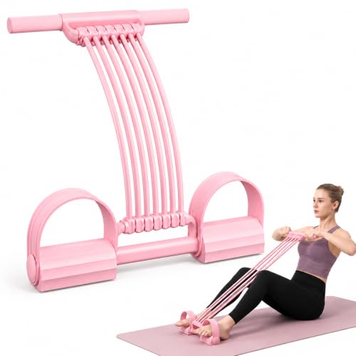 Pedal Resistance Band with Handle, Sit Up Exercise Equipment | Upgraded 8-tube multifunction pedal resistance band for home gym. Non-slip foam handles and foot pedals for full body workout - color: Pink