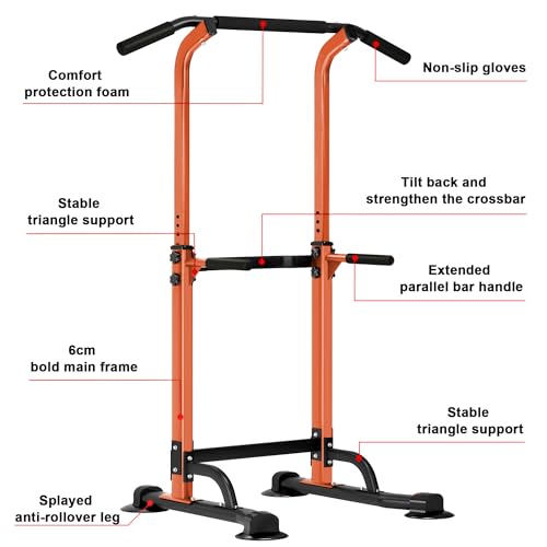 SogesHome Power Tower Pull Up Bar and Dip Station, Height Adjustable Dip Stand Exercise Machine for Home Gym, Multi-Functional Free Standing Strength Training Fitness Workout Station - color: Orange