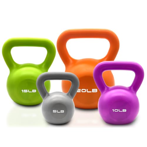 Vinyl Coated 4 Piece 5 lb, 10 lb, 15 lb, 20 lb Kettlebell Sets with Comfortable Flat Bottom Non-Slip Grip, Strength Training Kettlebells for Women & Men, Weight Sets for Full Body Workout & Exercise Fitness