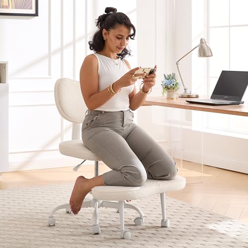 Fizzin Ergonomic Cross Legged Office Chair, Height Adjustable Swivel Desk Chair （White - color: White