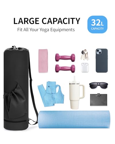 sportsnew Yoga Mat Bag with Water Bottle Pocket & Wet Pocket for Women | Yoga mat carrier fits 1/8"-3/8" yoga mats, quick-access multi-pocket organization, lightweight for gym, Pilates & studio - color: Black, size: Large