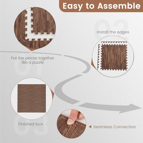 Tangkula 25 Tiles Foam Flooring Mats with Border, 100 SQ FT EVA Interlocking Exercise Foam Mats for Exercise Equipment, Elastic Puzzle Play Mats, 3/8” Non-Slip Workout Floor Mats for Home Gym (Brown) - size: 100 sq.ft, Brown