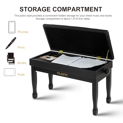 Adjustable Height Piano Bench with Storage, Solid Wood Duet Keyboard Stool, Waterproof Padded Seat Cushion, Multi-Use Bench for Piano, Vanity, Living Room, Bedroom XJ750-4(Black) - color: Black