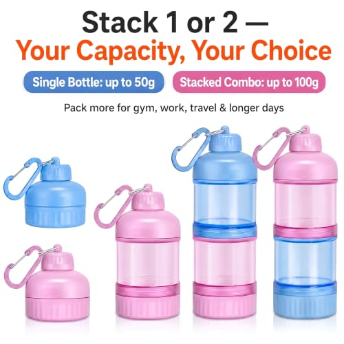 2 Pack Protein Powder Container to Go, 50g/100g Stackable Powder Holder with Keychain, Travel Funnel Bottle for Shaker Bottle, Sky Blue & Sakura Pink - color: Sky Blue & Sakura Pink