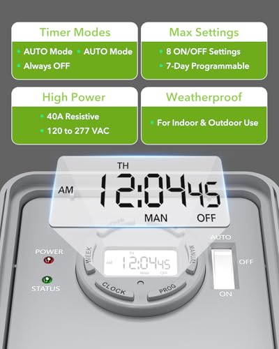 BN-LINK Pool Pump Timer, Outdoor Timer Box, Heavy Duty, 2HP 40A Max, 120, 240, 277 VAC, for Pool Pump, Water Heater, Fans, SPA, ETL Listed (Digital) - style: Digital