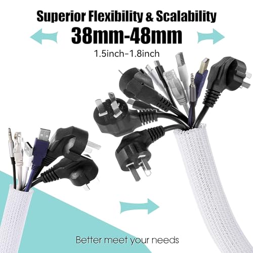 AGPTEK Cable Sleeve Cover, 2Pack 5ft - 1.8 inch Desk Cord Organizer Cable Hider, Home Office Wire Management Computer TV Wire Loom Tubing, Pet Proof Cord Protector, from Cat Dog Chewing, White - color: White, size: 1.8"-10ft