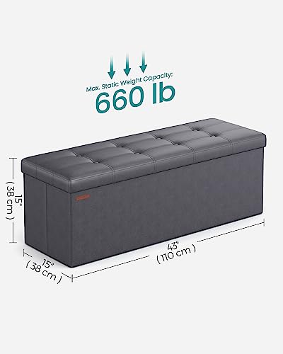 SONGMICS Mazie Collection - 43 Inches Folding Storage Ottoman Bench, Ottoman with Storage, Foot Rest Stool, Load 660 lb, for Living Room, Synthetic Leather, Dark Gray ULSF070G01 - color: Dark Gray, size: 15"D x 43"W x 15"H