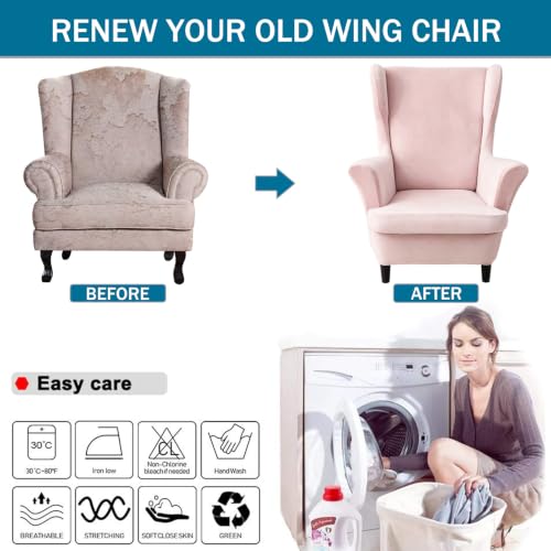 NILUOH Thick Velvet Wingback Chair Slipcovers 2-Piece, Stretch Wing Chair Covers Soft Sofa Slipcover Wing Back Armchair Cover Furniture Protector for Living Room - color: Light Pink