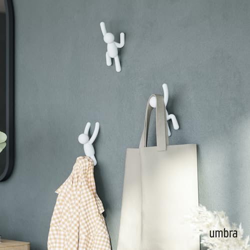 Umbra Buddy Wall Hooks, Decorative Wall Mount Coat Hooks, Set of 3, White | Easy install with hardware, holds 5lbs per hook, entryway bedroom bathroom dorm, playful hanging storage, recycled plastic - color: White