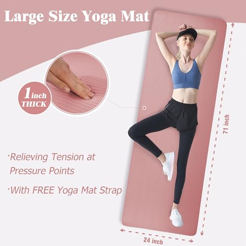BalanceFrom Yoga Mat, 1-Inch Extra Thick High Density Exercise Mat, Anti-Tear Exercise Yoga Mat with Carrying Strap, Suitable for Various Yoga Exercises, Multiple Colors - color: Pale Pinkish