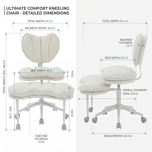 Cross Legged Office Chair with Wheels, 360 Swivel Height-Adjustable Double-Layer Padding Criss Cross Meditation Chair with Lumbar Support, Artificial Rabbit Hair Fabric, Ivory - color: Ivory, size: Heart Back with Rectangular Cushion