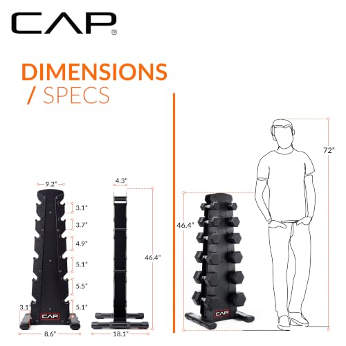 CAP Rubber Coated Hex Dumbbell Set with Storage Rack | 100–210 lb Options, Space-Saving Vertical Compact Storage for Home Gym Strength Training - size: 210 lb - Set - Black Rack, style: Chrome Handles