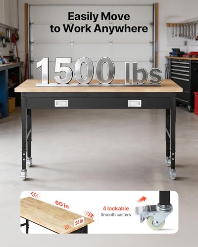 VEVOR 60-inch Adjustable Workbench, 1500 lbs Load Capacity, Garage Workbench with Drawer, Power Outlet, Wheels, and Pegboard, Heavy Duty Oak Wood Top Work Table for Garage, Workshop, Office, and Home - size: Drawer│Universal Wheels│60"x24"x41.7"