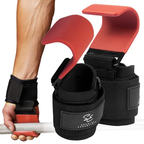 Special Essentials Weight Lifting Hooks - 1 Pair of Premium Steel Hooks with Padded Wrist Straps for Enhanced Grip, Support, and Comfort During Heavyweight Lifting and Pull-ups - Ideal for Powerlifting, Deadlifts, and Rows - color: Red
