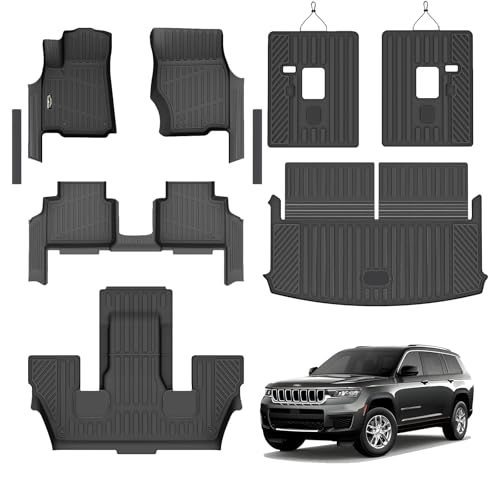 Floor Mats Custom for Jeep Grand Cherokee L 2021-2025 2026 Captain Chair(Only for 6-Seater w/o 2nd Row Armrest) TPE All Weather Cargo Liner with Backrest Mat & Door Sill Guards Accessories, Black - size: For Jeep Grand Cherokee L 6-Seater 2021-2025