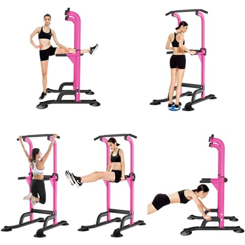 SogesHome Power Tower Pull Up Bar and Dip Station, Height Adjustable Dip Stand Exercise Machine for Home Gym, Multi-Functional Free Standing Strength Training Fitness Workout Station - color: Pink