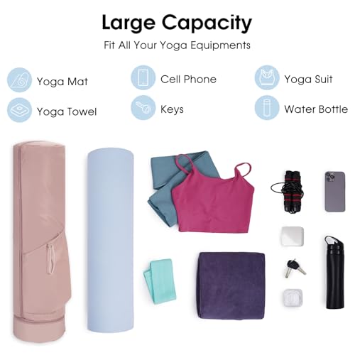 sportsnew Yoga Mat Bag, Full Zip Cargo Yoga Mat Carrier Bag with Drawstring Water Bottle Pocket and Bottom Wet Pocket, Exercise Yoga Mat Carrier Holder Multi-Functional Storage Bag Patent Pending - color: Pink, size: Medium pocket