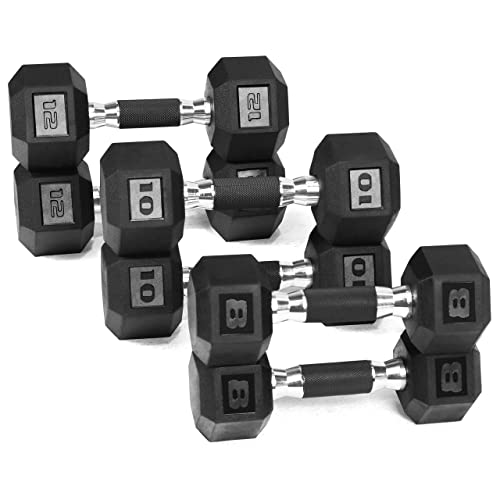 WF Athletic Supply Rubber Encased Hex Dumbbells with Rubber Grip Contoured Handle for Muscle Toning, Strength Building & Full Body Workout - color: o. 8LB, 10LB and 12LB Pair (Totally 60LB)