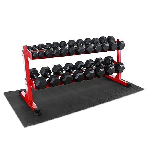 WF Athletic Supply Rubber Coated Hex Dumbbell Set, Multiple Choices Available - Dumbbells with Rack Stand and Mat, or Dumbbells Only (200/550/1200/2100/3000 LB) - color: d. 5 - 50LB w/ 2-tier RED Rack and Mat