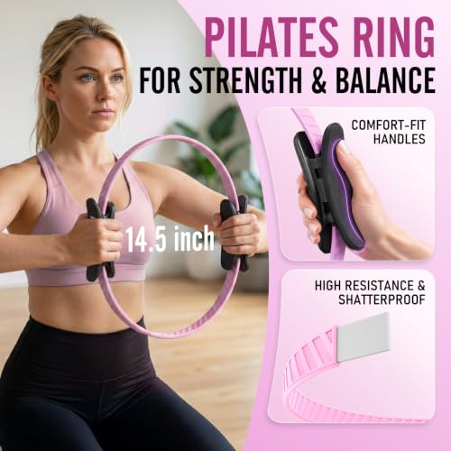 JKSHMYT Pilates Ring Fitness Circle for Women, Pilates Equipment – 14.5" Home Magic Exercise Workout, Better me Pilates Essentials Starter Set for Beginners Toning Inner Thighs, Arms and Core - color: Pink