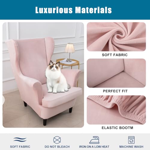 NILUOH Thick Velvet Wingback Chair Slipcovers 2-Piece, Stretch Wing Chair Covers Soft Sofa Slipcover Wing Back Armchair Cover Furniture Protector for Living Room - color: Light Pink