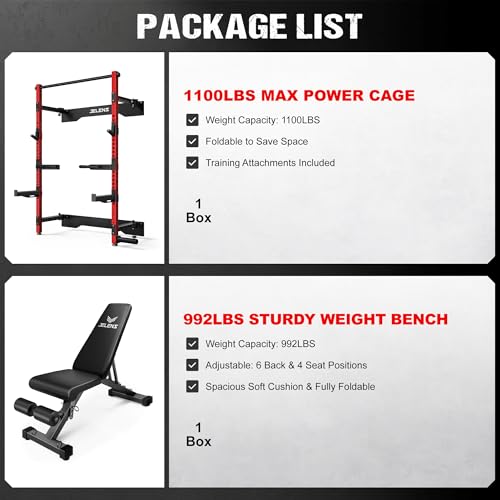 JELENS FS01 Folding Squat Rack, Wall Mounted Power Rack for Home Gym, Space Saving Multi-Functional Power Cage with More Attachments - color: Red, size: Weight Bench Package