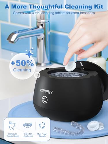 KUNPHY Ultrasonic Retainer Cleaner Machine, 48kHz Dental Cleaning Pod Home | 4 LED Light 48KHz Ultrasound Portable Mouthguard Night Guard Cleaner, IPX7 Waterproof, Quiet 45dB, Overheat Protection, Black - size: 201ML