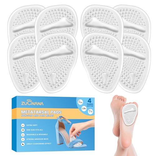 ZUCNANA Metatarsal Pads for Women - Soft Gel High Heel Insoles, 4 Pairs, Non-Slip Design, Instant Foot Pain Relief, Self-Sticking Back, Fits All Feet Sizes - color: Transparent