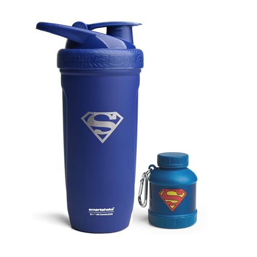 Smartshake DC Comic Bundle - Superman Protein Shaker Bottle – 900ml Leakproof Stainless Steel Shaker Bottle with 50g Protein Powder Storage Funnel