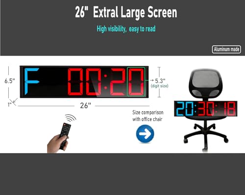 26'' Extra Large Home GYM Timer Clock, Programable Workout Interval Timer, Digital Wall Clock, with 7-color Night Light, 8 Alarm Clocks, Calendar/Temperature, Countdown & Stopwatch (Blue & Red)
