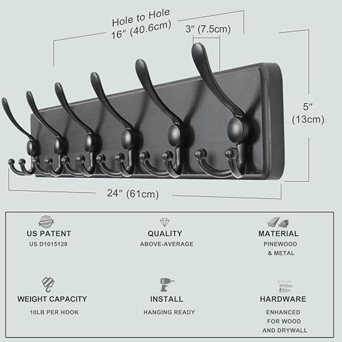 Dseap Coat Rack Wall Mounted - 24" Long 6 Tri Hooks, Heavy Duty Wooden Wall Coat Hanger Coat Hook for Clothes Hat Jacket Clothing, Black - color: Black, size: L=24"
