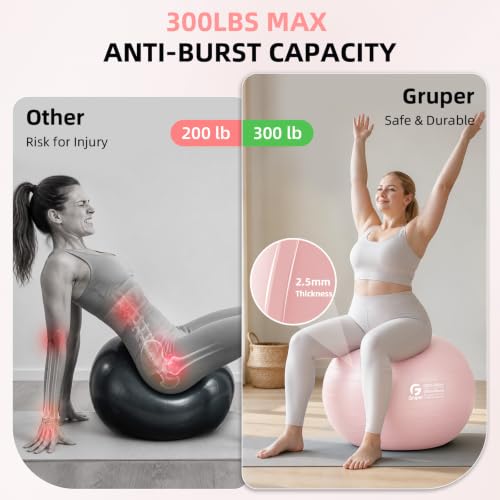 Gruper Exercise Ball, Extra Thick Yoga Ball for Working Out, Yoga & Pregnancy, 4 Sizes Anti-Burst Balance Ball with Foot Pump for Pilates, Physical Therapy & Fitness - color: pink, size: S(18IN/45cm)