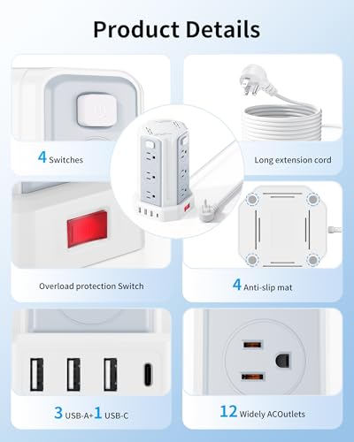 Power Strip 10 Ft Extension Cord with 12 AC Multiple Outlets 4 USB (1 USB C), SMALLRT Power Strip Tower Desktop Charging Station for Home Office College Dorm Essentials - color: White, size: 10 ft