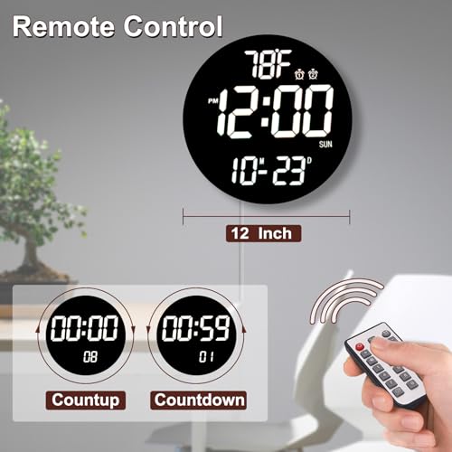 QINFIEY Large 12" White Digital Wall Clock with Remote Control | LED Display Plug-in Clock with 3 Brightness Levels & Temperature Display Perfect for Home, Gym, Classroom, Office - color: White, size: 12 Inch