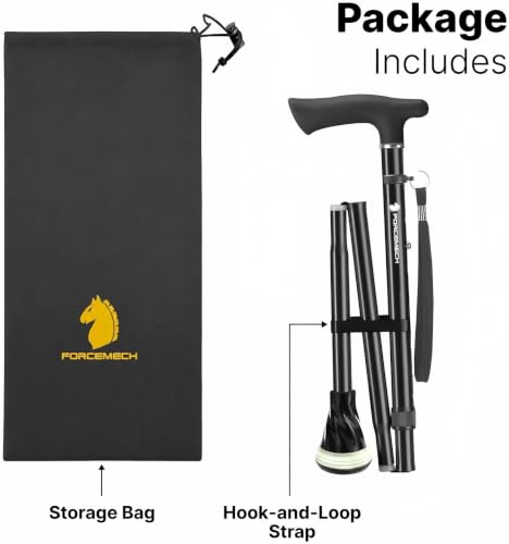 FORCEMECH GlowGuard Foldable Walking Cane for Men & Women, Adjustable Heavy Duty Cane with Glow Tip & Extra-Wide Tip - color: Gloss Black