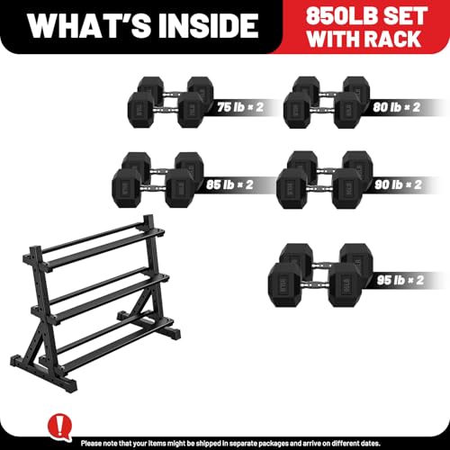 PAPABABE Dumbbell Set with Rack, 540-850lb, Rubber Encased, Home Gym | Complete & Durable Cast Iron Core Odorless PVC Antiroll Hex Shape Ergonomic Chrome Handle Versatile Home Gym - size: 850LB with 3-Tier Weight Rack